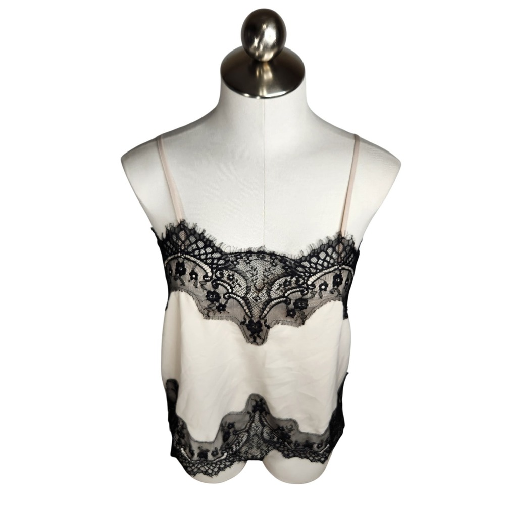 Storia Lace Trim Camisole Tank Top Women's Small Cream Black Spaghetti Strap